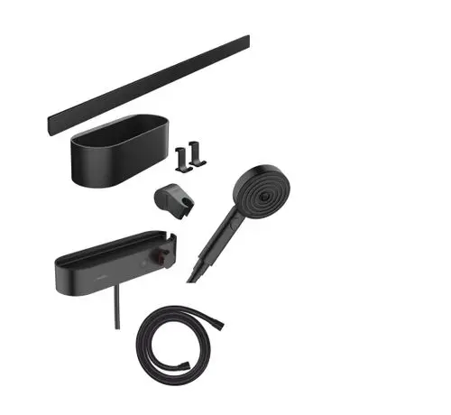 Schwarzes Zubehörset bestehend aus Wandstange, Handbrause, Thermostat und weiteren Elementen, passend für Anwendungen von Hansgrohe.